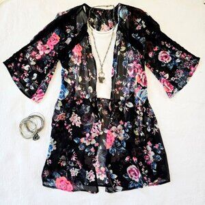 Express Women's Floral Sheer Floral Kimono Black Lace Size Small Hot Pink Blue